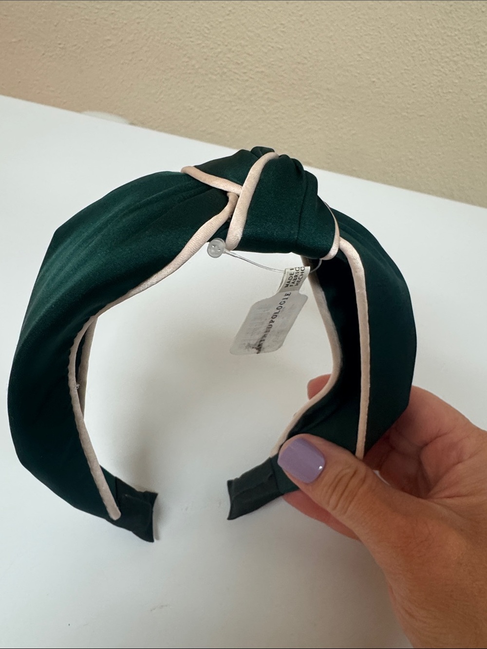Anthropologie Dark Green Knotted Headband with Cream Trim